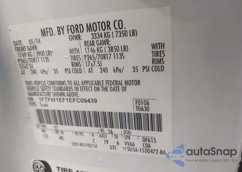 2014 Ford F-150 Xlt из США, поврежденный, VIN 1FTFW1EF1EFC09439